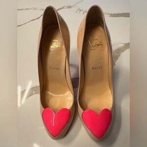 Christian Louboutin Nude with Neon Pink Heart Pumps - SZ 37